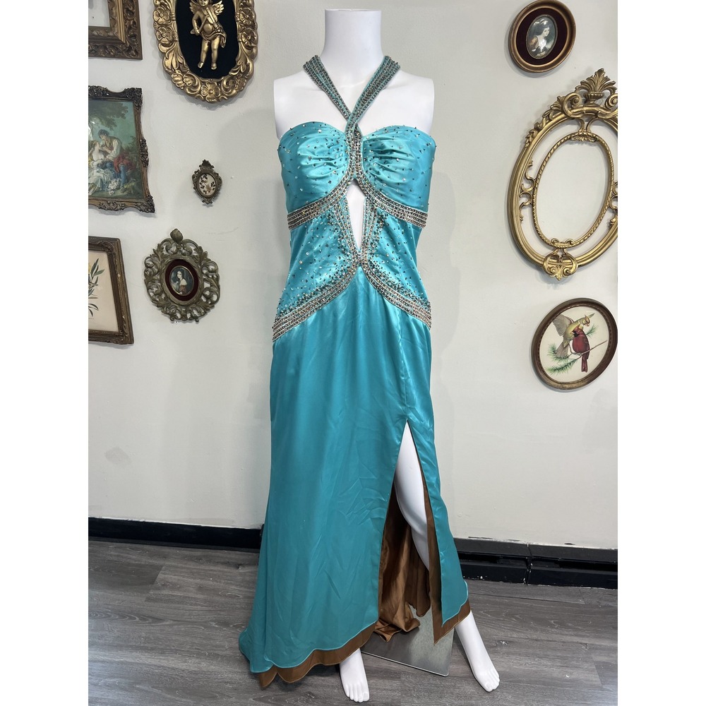 Vintage Party Time Turquoise Beaded Halter Prom Formal Evening Gown Dress Size 8